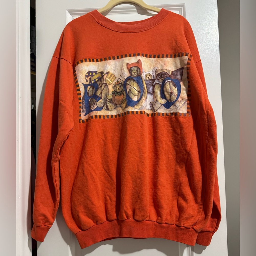 Vintage Orange Halloween Boo‎ Teddy Bear Crewneck Sweatshirt Large Grannycore